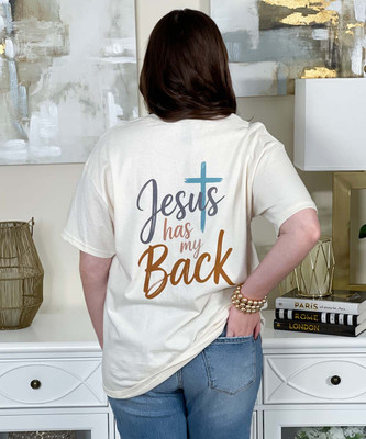jesus has my back with cross and heart on front tee back view