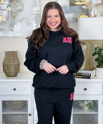 red and pink checkered monogram sweatshirt and sweatpant set