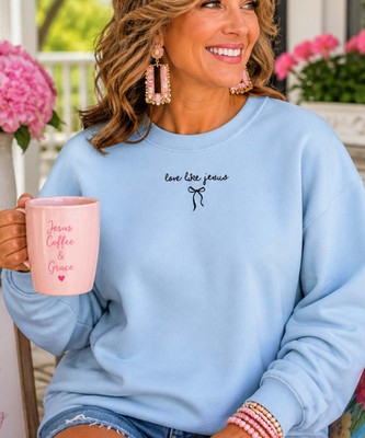 embroidered love like jesus with bow sweatshirt model image close up