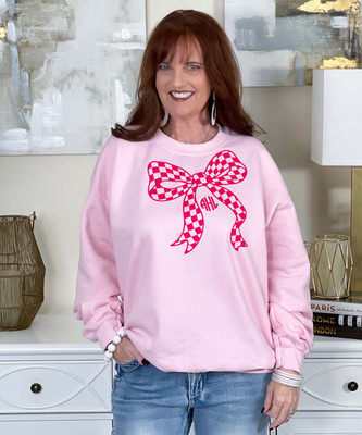 pink checkered bow with monogram sweatshirt