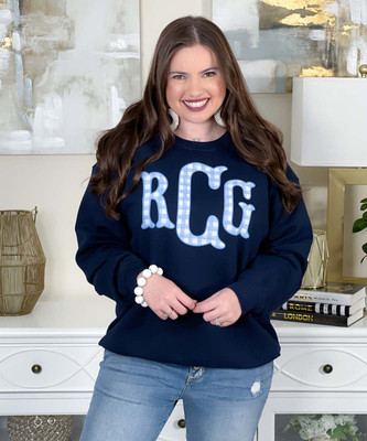 Light blue gingham monogrammed crewneck sweatshirt navy
