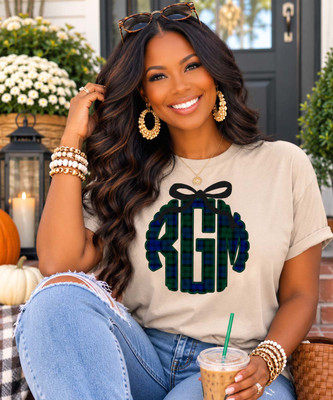 Scalloped Tartan Plaid Monogram With Bow Graphic Shirt