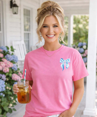 pocket blue gingham bow with pearls graphic tee