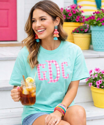 hot pink gingham fishtail monogram graphic tee model