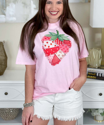 patchwork strawberry comfort colors tee close up