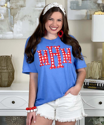 red gingham fishtail monogram graphic tee