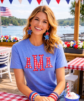 red gingham fishtail monogram graphic tee model 1