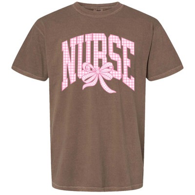 Pink Gingham Nurse With Bow Graphic Comfort Colors Shirt