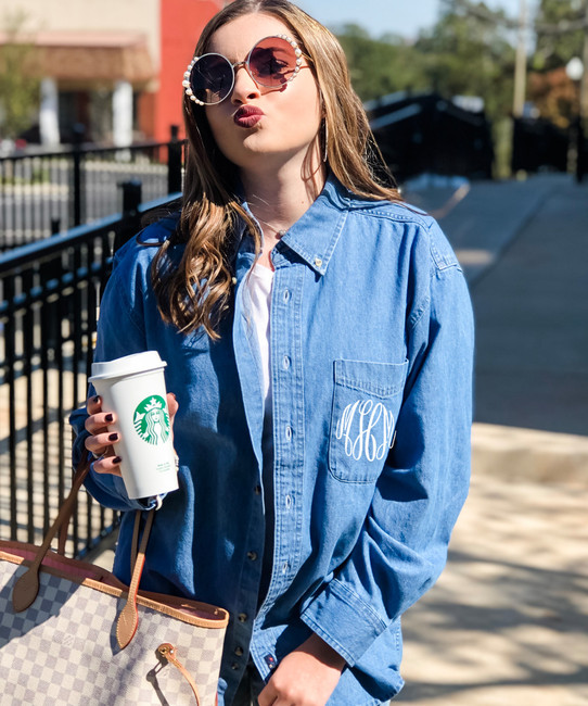 Monogrammed Denim Button Down Shirt