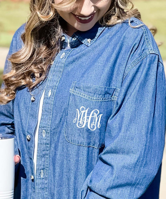 Born to Be Sassy Monogrammed Long Sleeve Denim Shirt