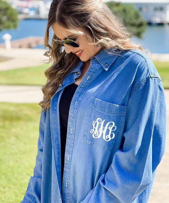 Born to Be Sassy Monogrammed Long Sleeve Denim Shirt