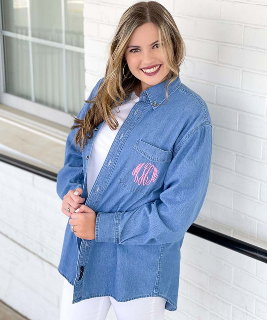 Monogrammed Button Down Denim Jeans Shirt Embroidered With 