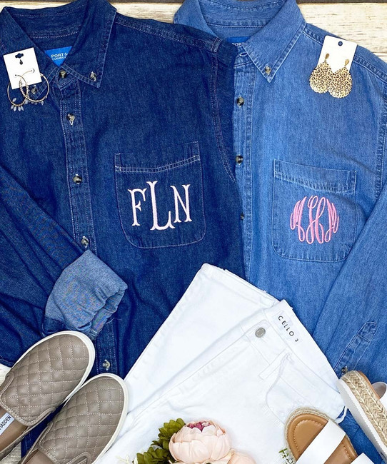 Monogrammed Denim Button Down Shirt