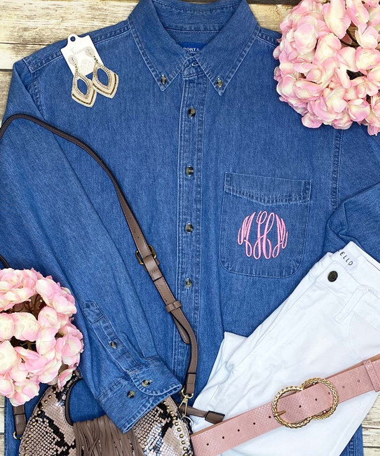 Born to Be Sassy Monogrammed Long Sleeve Denim Shirt