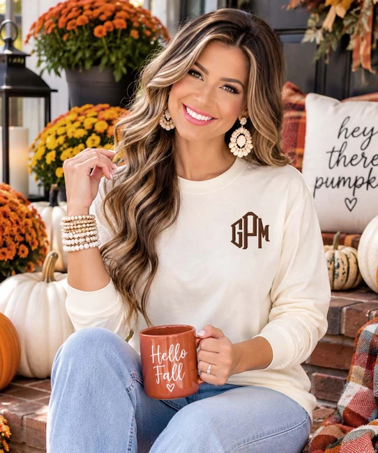 monogrammed long sleeve tee shirt model image natural