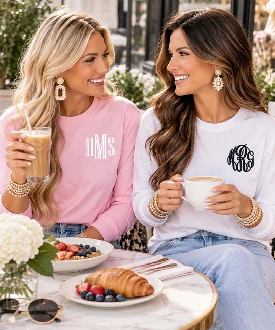 monogrammed long sleeve tee shirt group image light pink and white