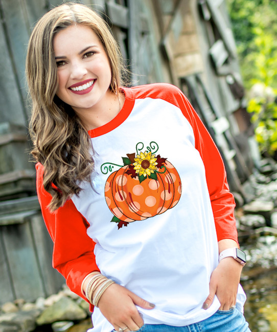 Polka Dot Pumpkin With Sunflower Raglan Tee