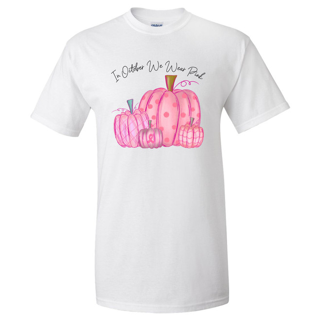 Monogrammed In October We Wear Pink Pumpkins Graphic Tee Shirt