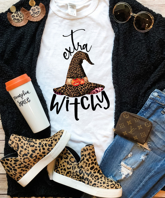 Extra Witchy Leopard Witch Hat Graphic Tee Shirt
