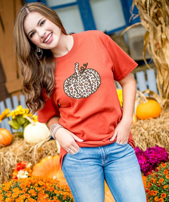 Leopard Pumpkin Graphic Tee Shirt