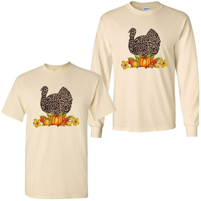 Leopard Turkey With Pumpkins Tee Shirt - Natural