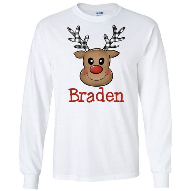 Personalized Plaid Antlers Reindeer Face Graphic T-Shirt