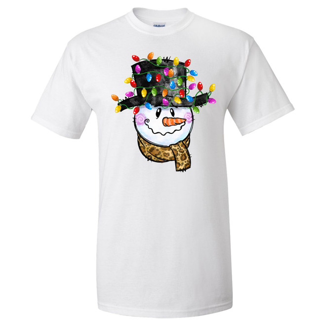  Snowman With Leopard Scarf And Christmas Lights Graphic Shirt 