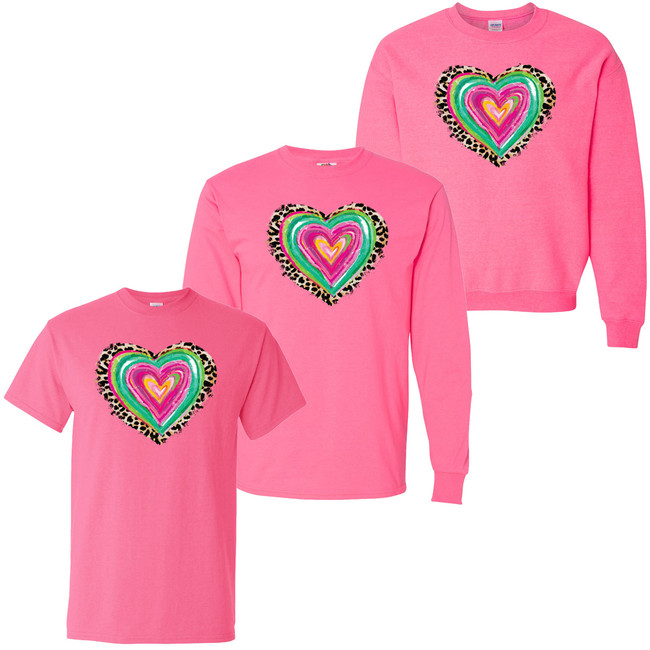 Pink Sequined Heart Shaped Leopard Sleeve Graphic T Shirt