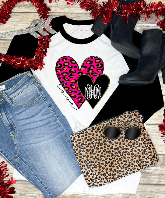 Monogrammed Pink Leopard And Black Hearts Graphic Raglan Tee - Black