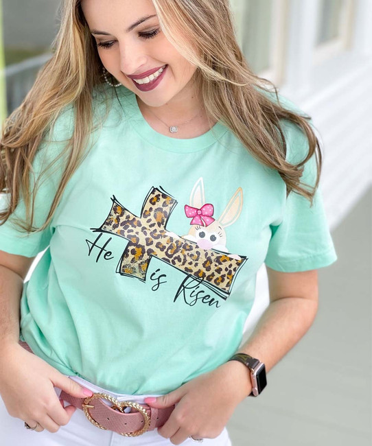 He Is Risen Leopard Cross With Easter Bunny Bella Canvas Tee