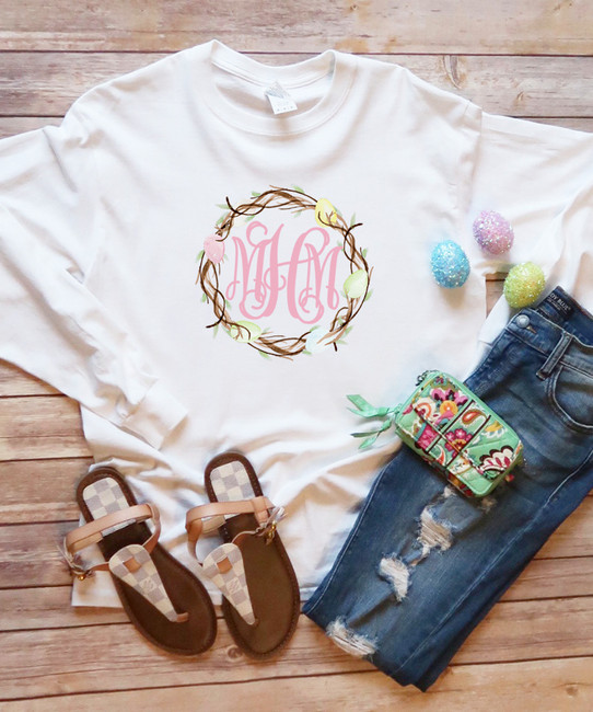 Monogrammed Easter Wreath With Eggs Graphic Tee