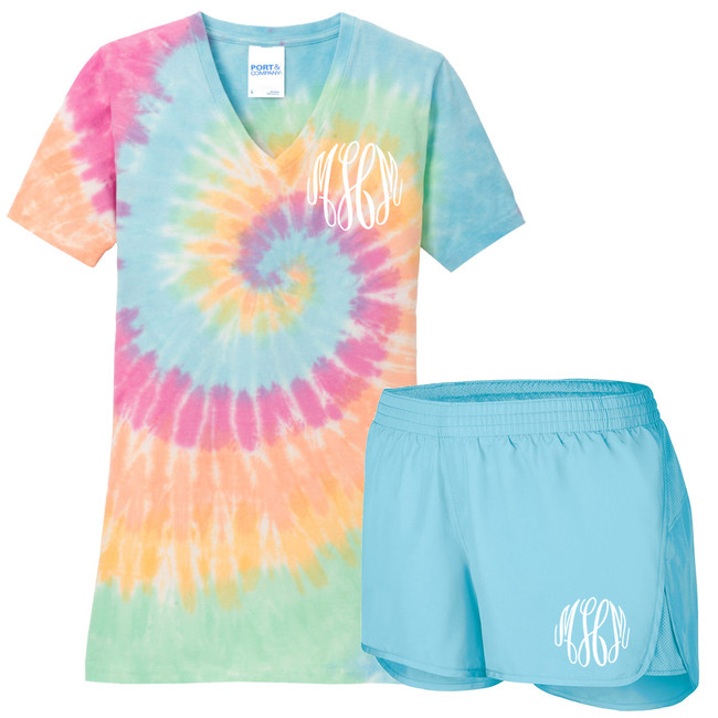 Monogrammed Tie Dye V-Neck And Athletic Short Set