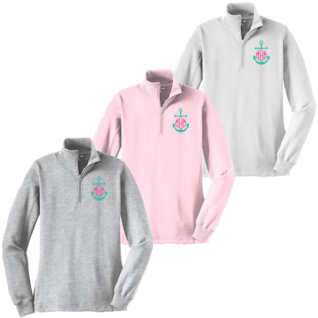Monogrammed Embroidered Mint Anchor 1/4 Zip Pullover