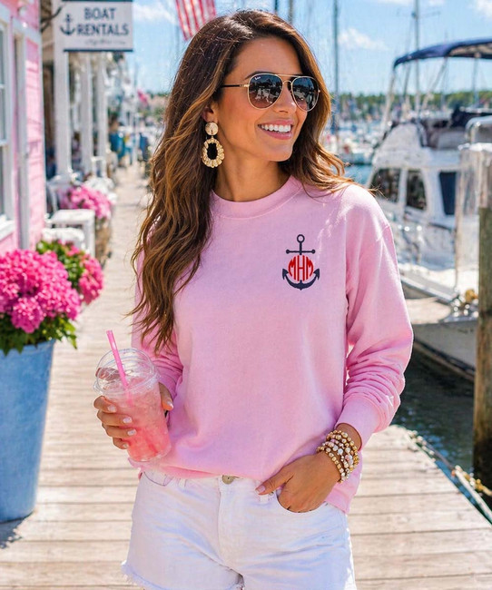 monogrammed embroidered navy anchor sweatshirt model image