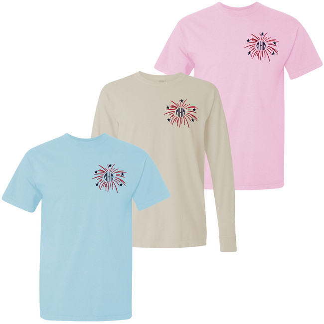 Monogrammed Embroidered Firework Comfort Colors T-Shirt