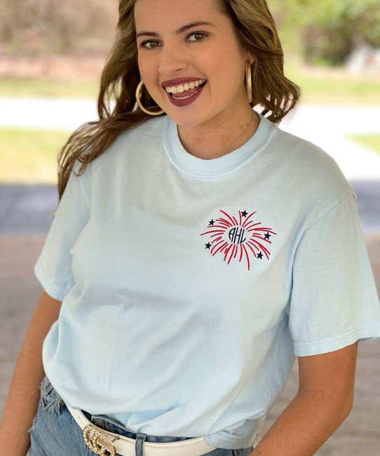 Monogrammed Embroidered Firework Comfort Colors T-Shirt