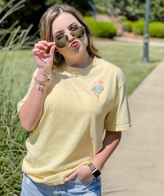 Monogrammed Embroidered Flamingo Comfort Colors T-Shirt