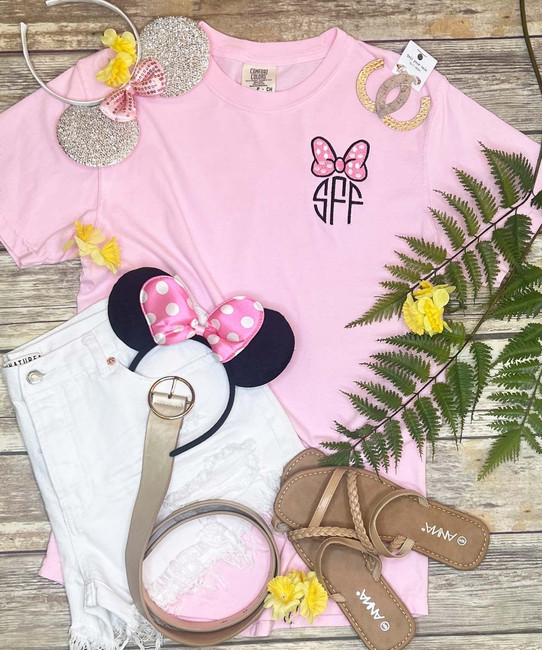 Monogrammed Embroidered Pink Bow Comfort Colors T-Shirt