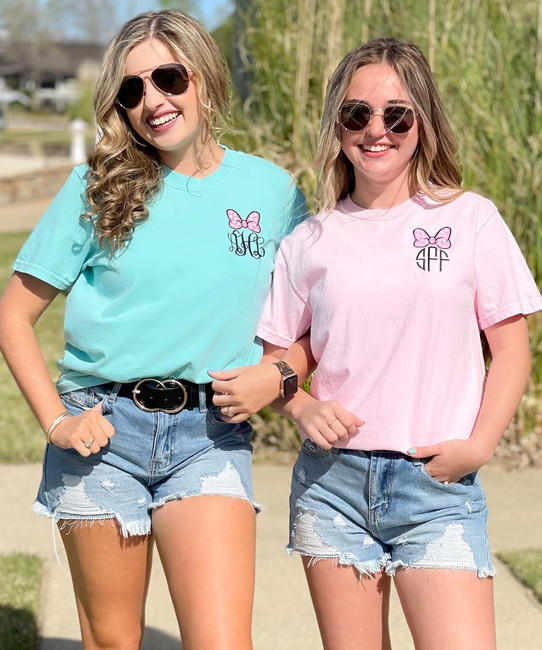 Monogrammed Embroidered Pink Mouse Bow Comfort Colors T-Shirt