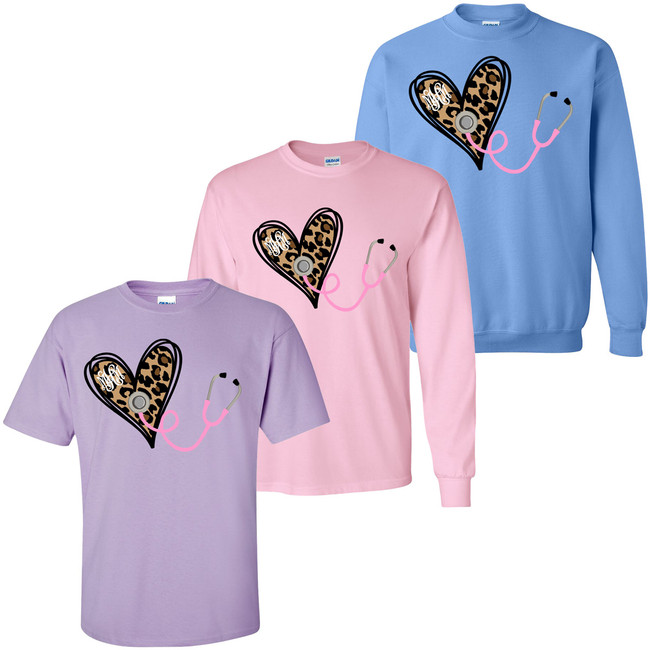 Monogrammed Nurse Leopard Heart With Stethoscope Shirt