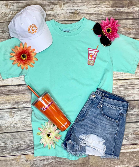 Monogrammed Embroidered Iced Coffee Comfort Colors T-Shirt