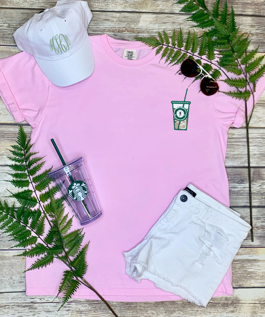 Monogrammed Embroidered Green Iced Coffee Comfort Colors T-Shirt