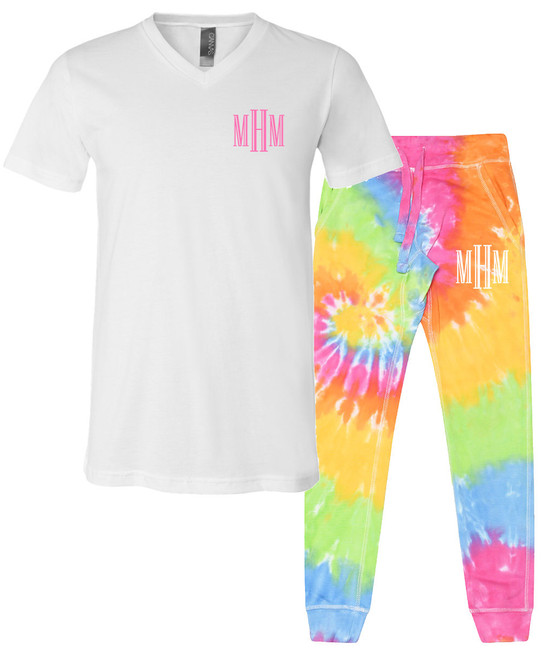 Monogrammed Bella Canvas V-Neck Tee And Tie Dye Joggers