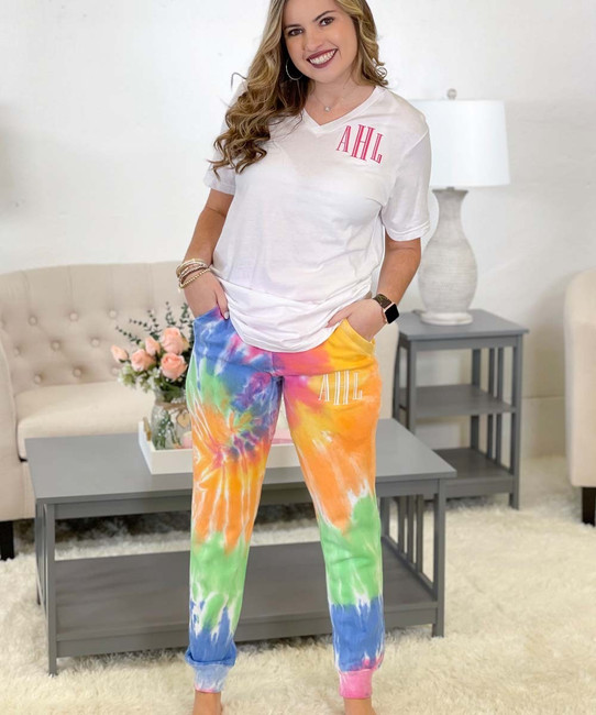 Monogrammed Bella Canvas V-Neck Tee And Tie Dye Joggers