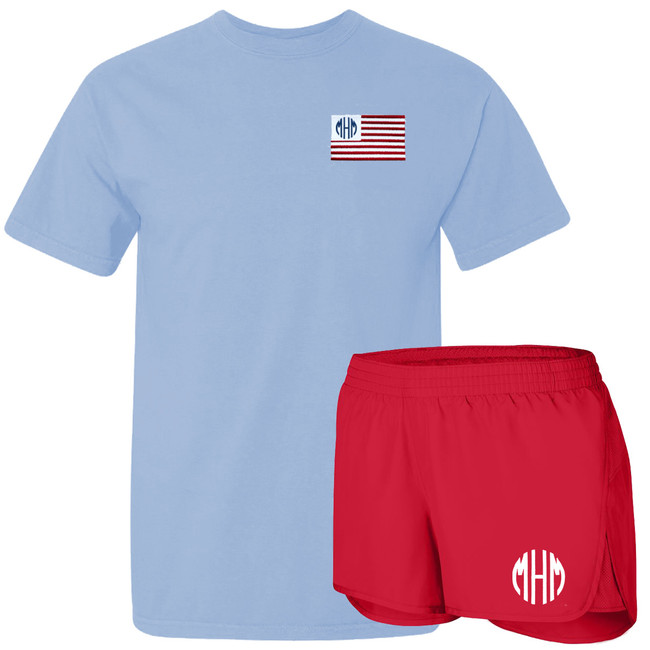 Monogrammed Embroidered Patriotic Flag Comfort Colors Tee And Athletic Short Set