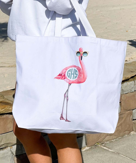 Personalized Flamingo With Sunglasses Canvas Tote Bag - White