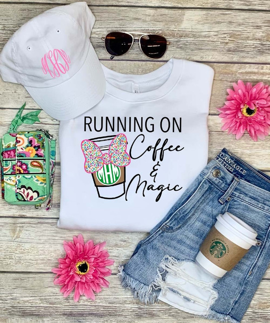 Monogrammed Running On Coffee And Magic Mouse Bow Graphic Tee - Choose Your Design