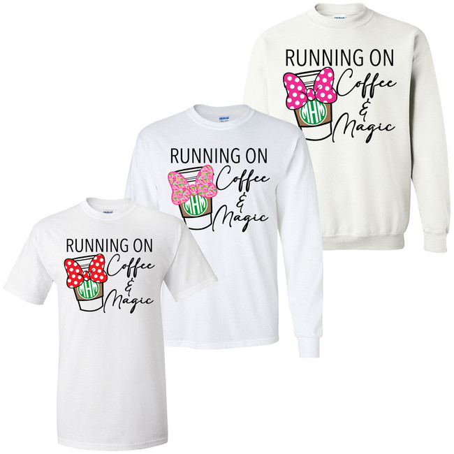 Monogrammed Running On Coffee And Magic Mouse Bow Graphic Tee - Choose Your Design