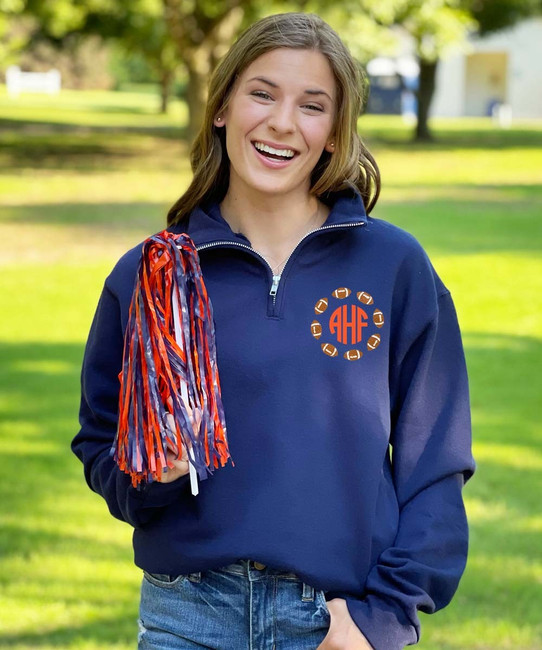 Monogrammed Embroidered Football Circle Quarter Zip Pullover