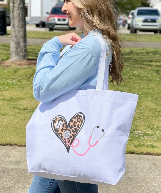 Monogrammed Leopard Heart Stethoscope Tote Bag - White